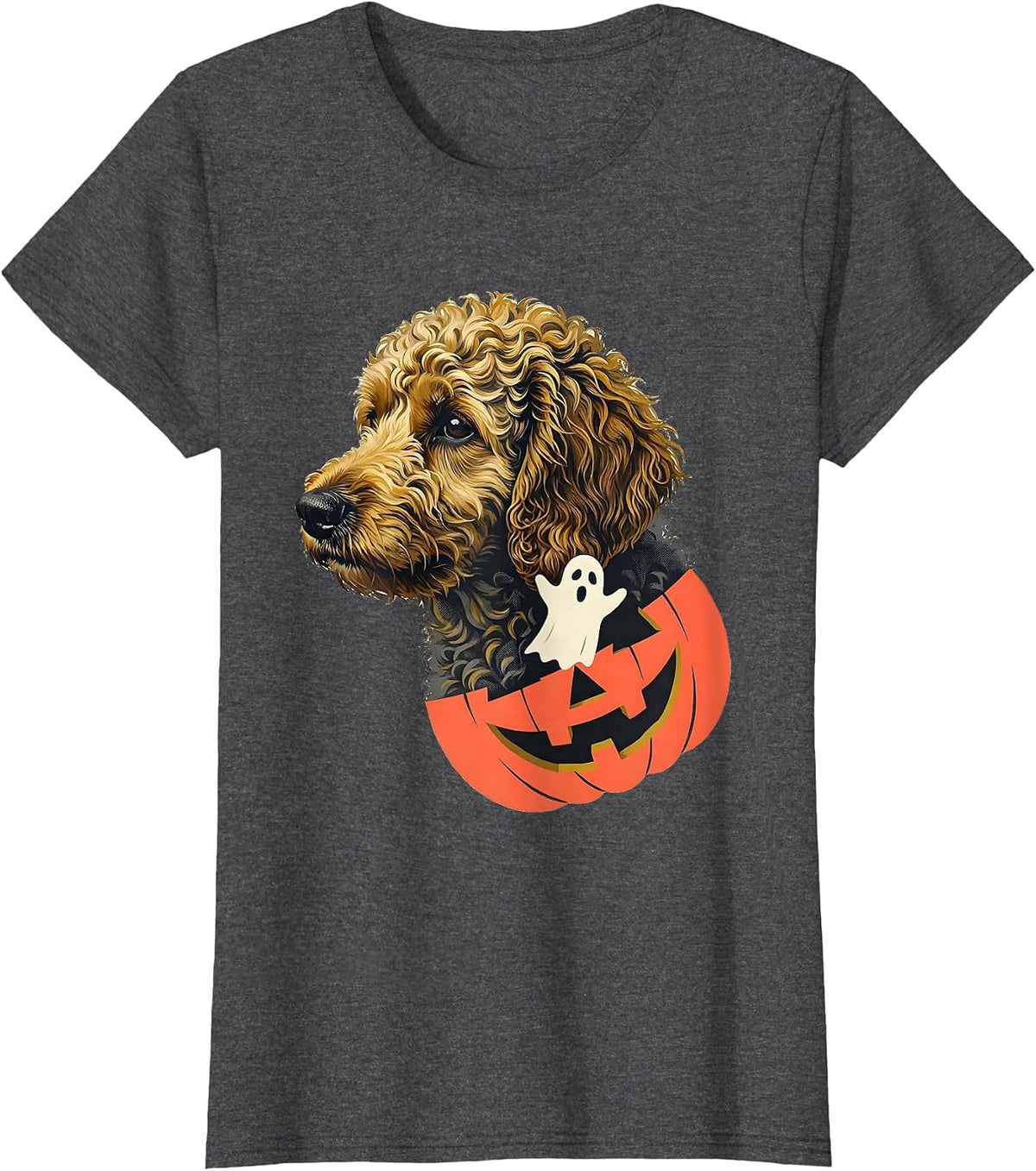 Women's Goldendoodle Ghost Jack-o'-lantern Midcentury Modern T-Shirt - Dark Heather Grey