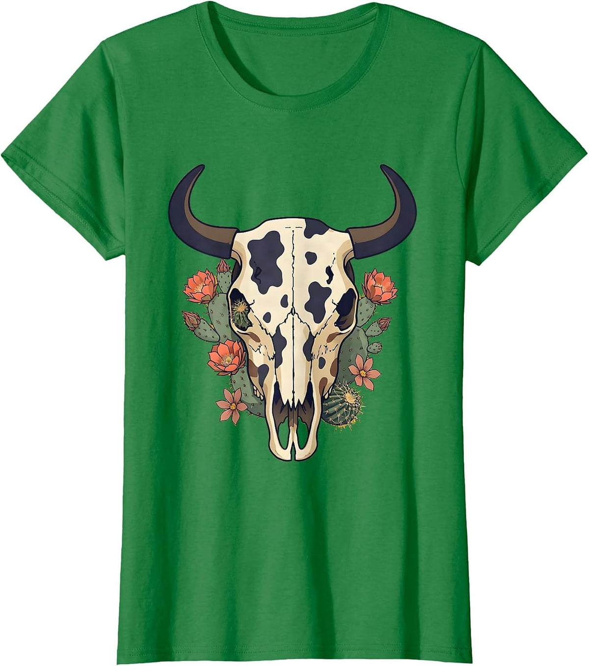 Women's Cow Skull Desert Flowers Cow Print Graphic T-Shirt - Kelly Green