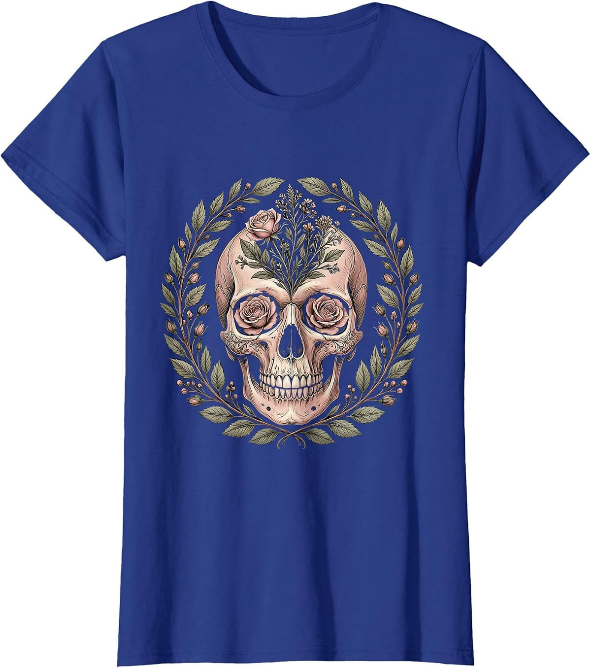 Women's Floral Skull Howdy Western Gothic Design T-Shirt - Royal Blue