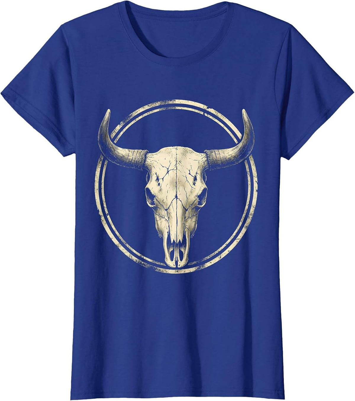 Women's Cow Skull Wildflowers Boho Western Floral Art T-Shirt - Royal Blue