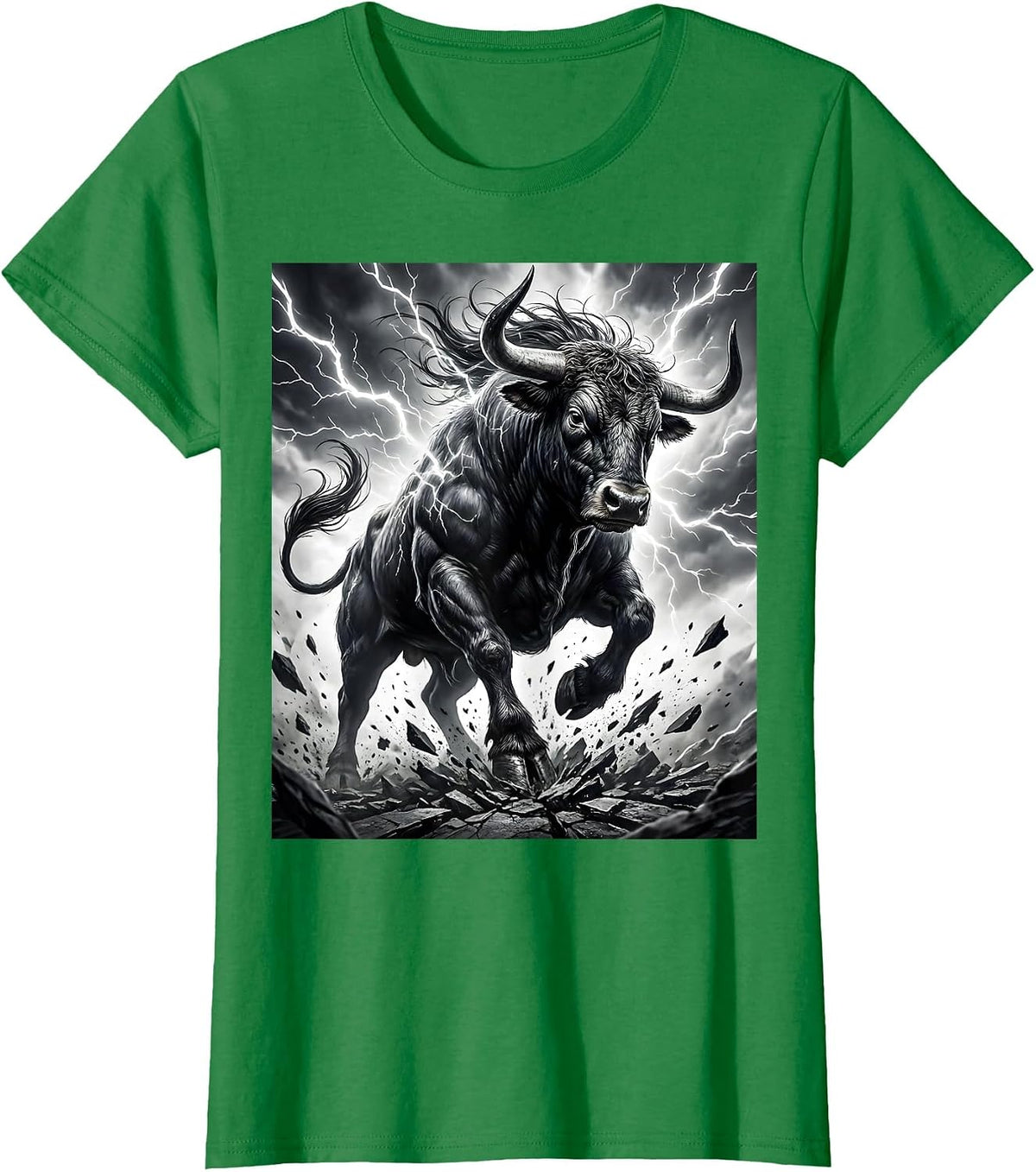 Bull Charging Through Lightning Storm Graphic T-Shirt - Kelly Green