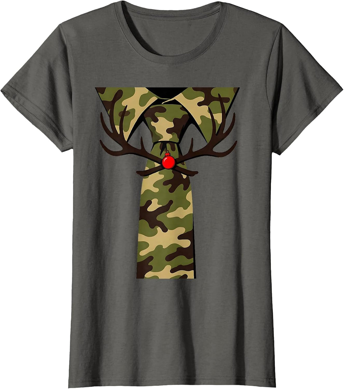 Women's Camo Necktie Deer Antler Christmas Hunting Gift T-Shirt - Asphalt Grey