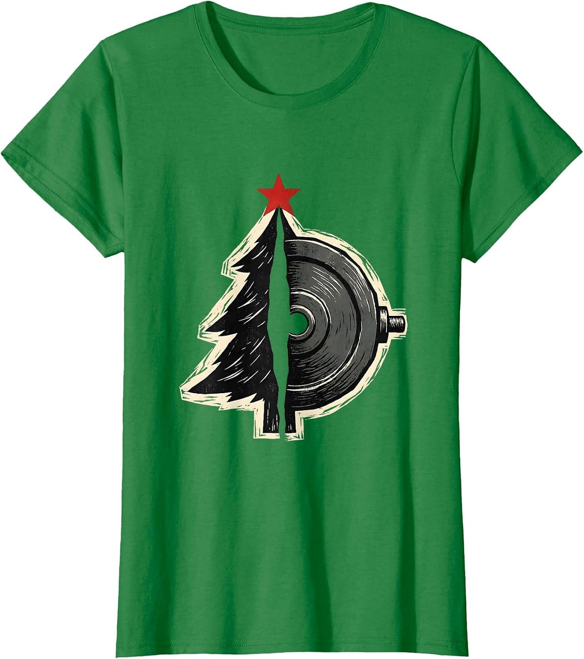 Christmas Tree Weight Plate Linocut Gym Humor T-Shirt - Kelly Green