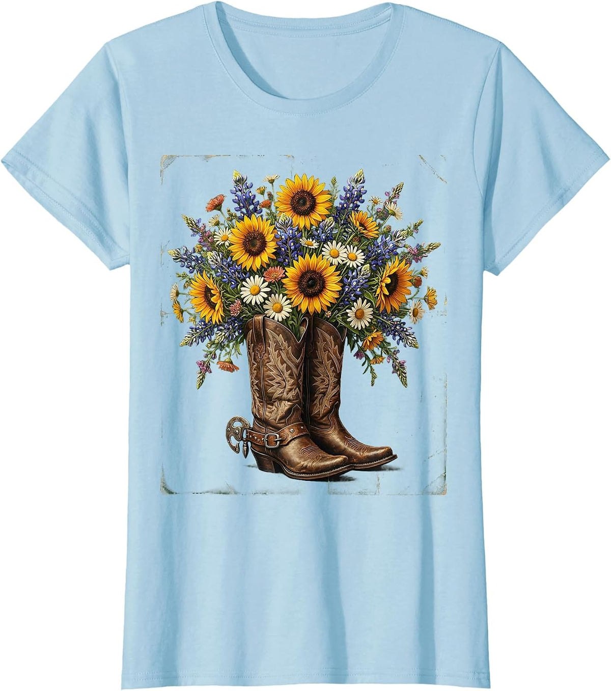 Women's Cowgirl Boots Wildflowers Western Illustration T-Shirt - Baby Blue