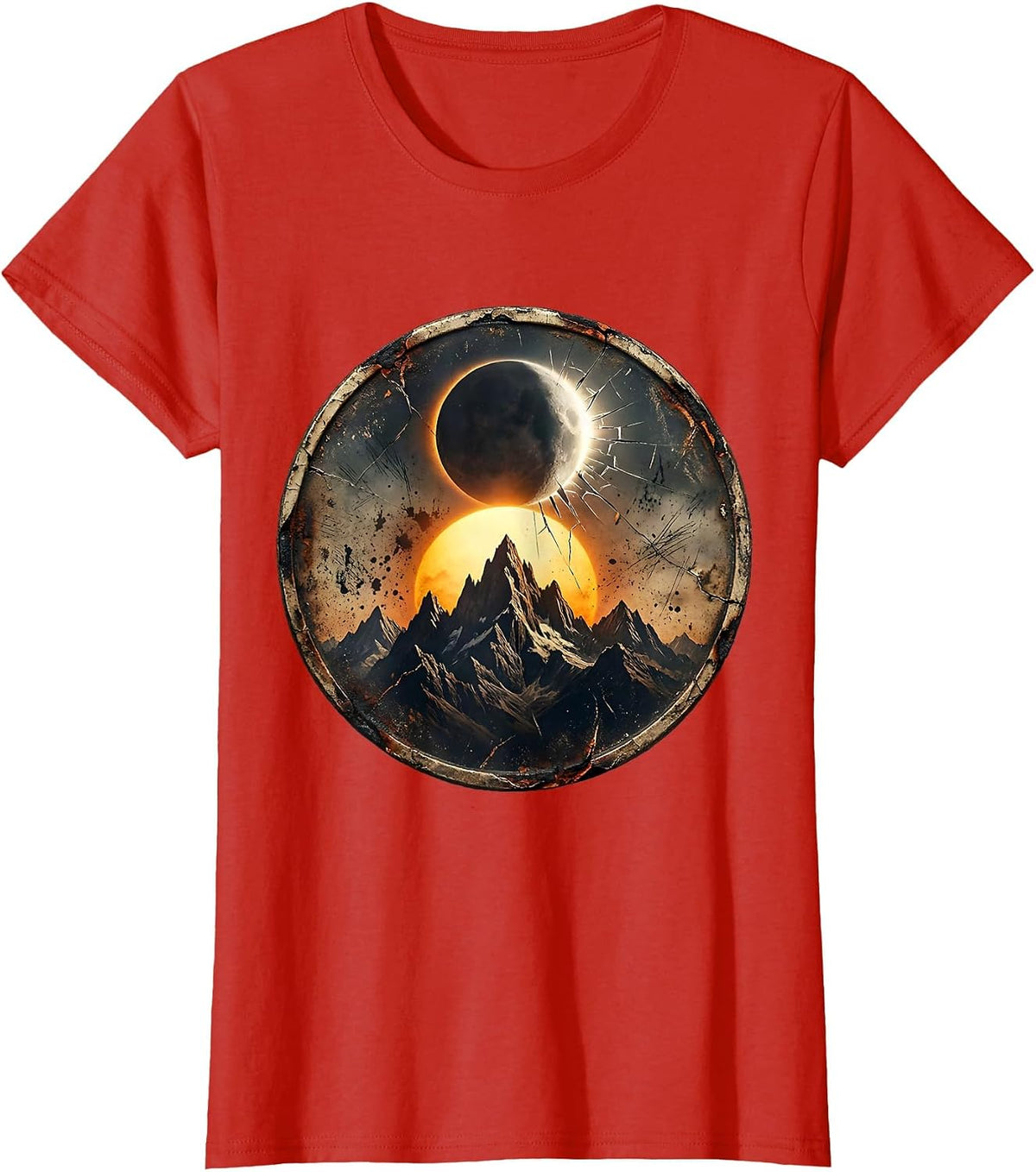 Eclipse Over Mountain Range Graphic Tee T-Shirt - Red