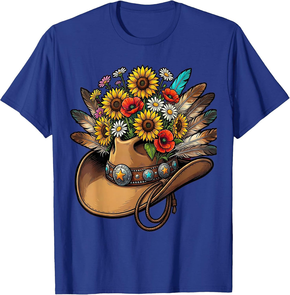 Cowboy Hat Wildflowers Feathers Western Design T-Shirt - Royal Blue