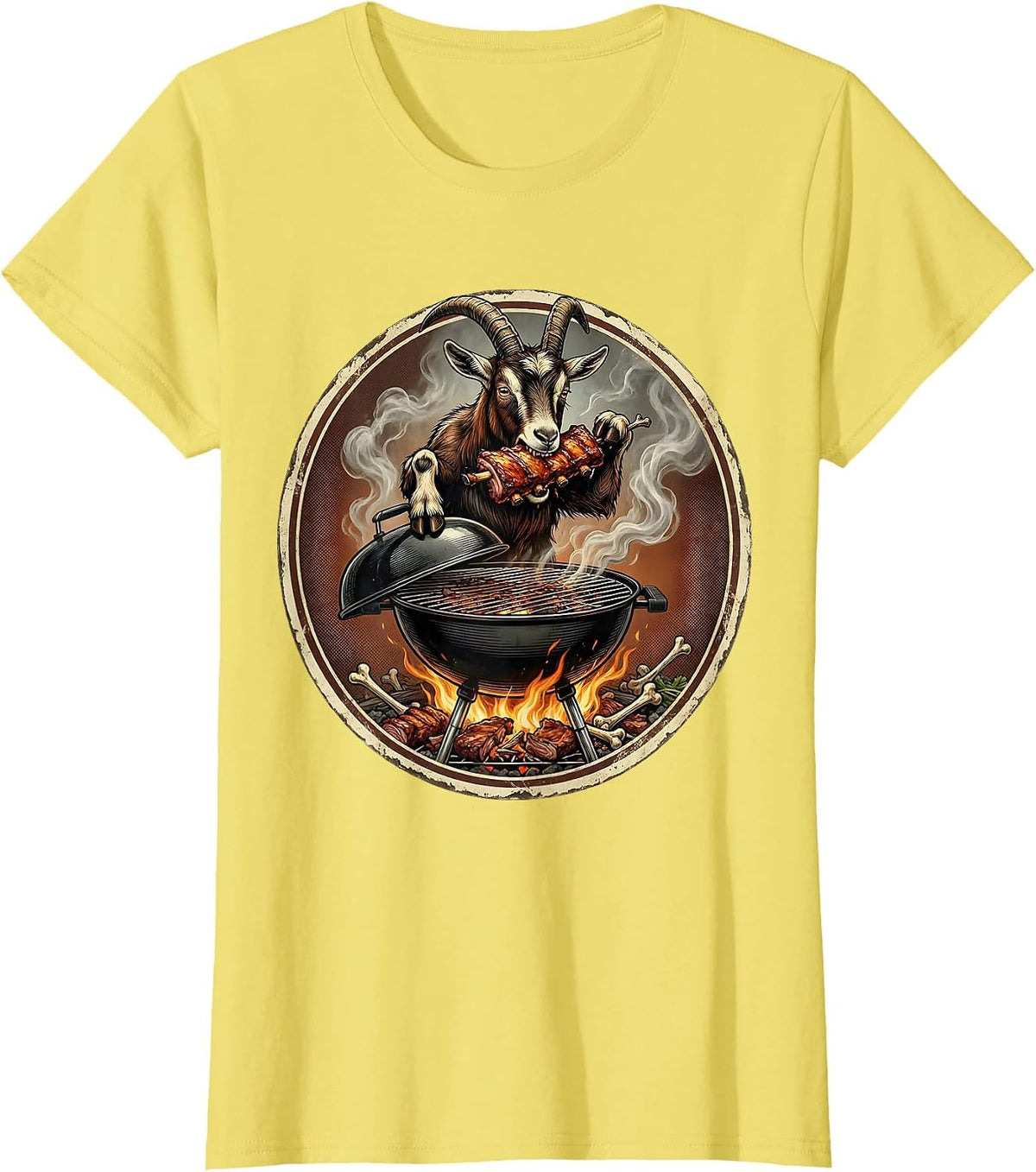 Hungry Goat BBQ Grill Funny Graphic Design T-Shirt - Lemon Yellow