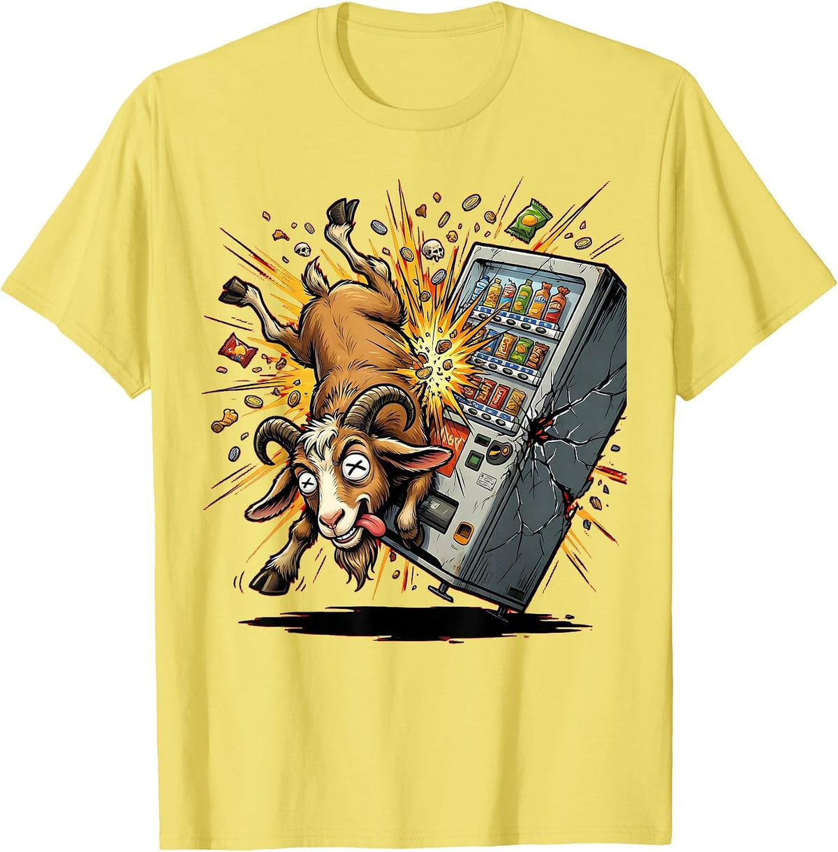 Men's Goat Headbutting Vending Machine Funny Graphic T-Shirt - Lemon Yellow