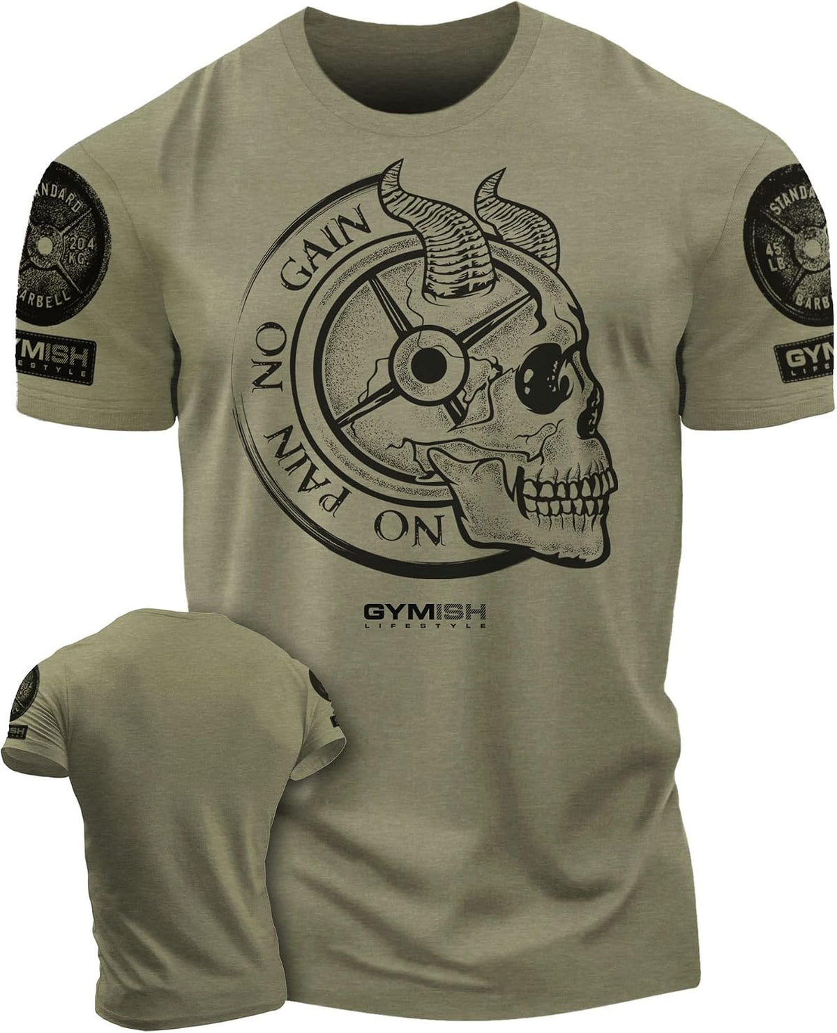 Gymish Lifestyle No Pain No Gain Skull Gym Lifting Motivation T-Shirts for Men - 1. No Pain Military Green Branded