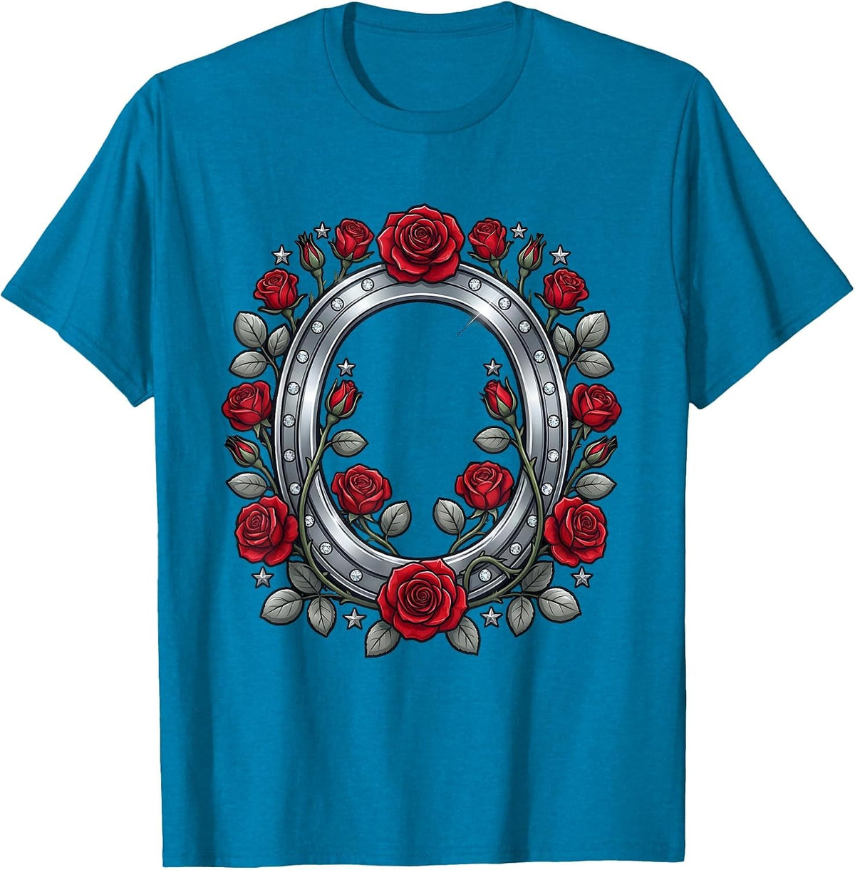 Horseshoe Wild Roses Western Graphic Tee T-Shirt - Sapphire Blue