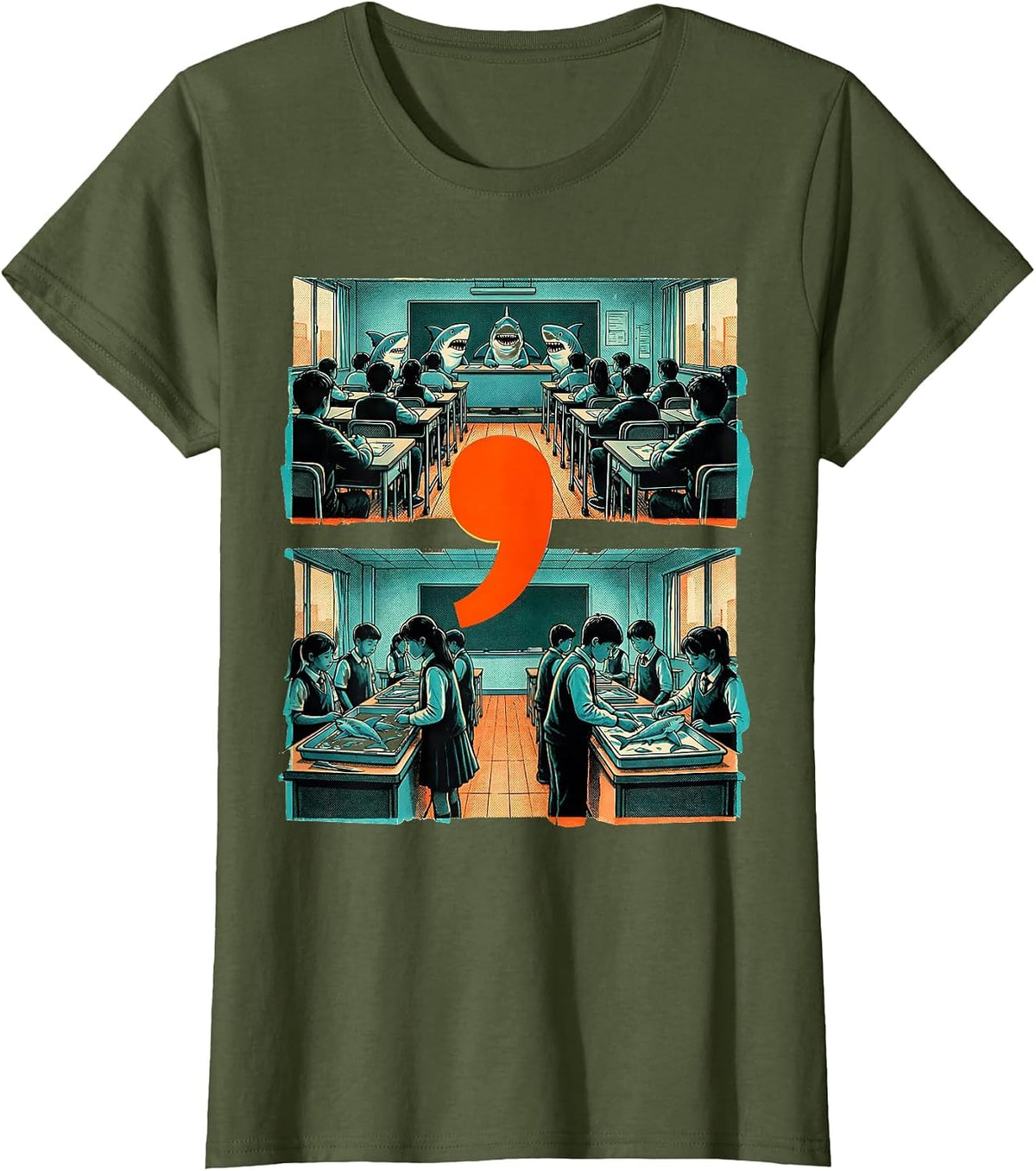 Women's Shark Register Punctuation Humor Grammar Teacher Gift T-Shirt - Olive Green