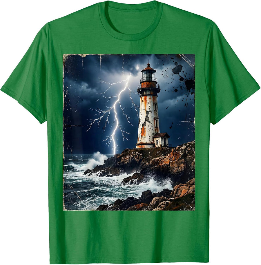 Men's Gulf of America Lighthouse Lightning Storm Art T-Shirt - Kelly Green