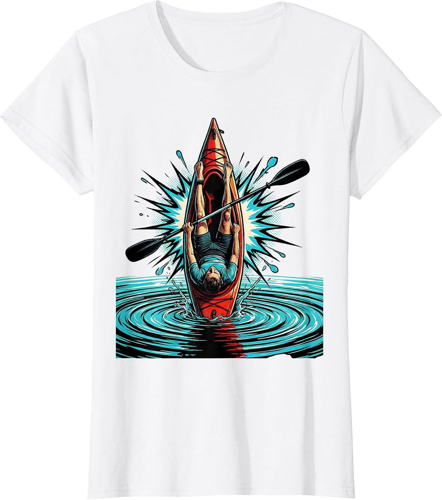 Women's Kayaker Upside Down Pop Art Funny Kayak Humor T-Shirt - White