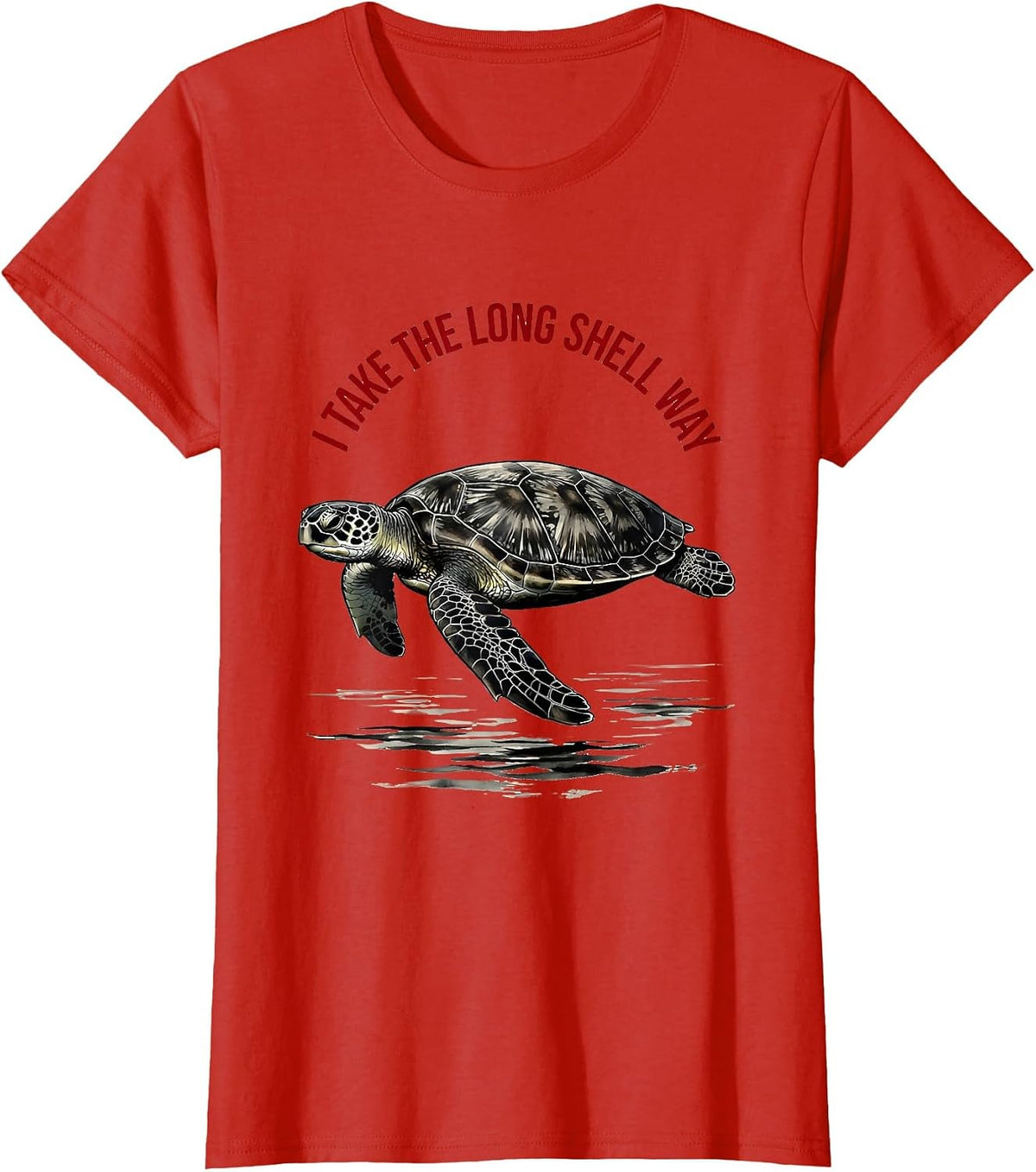 Women's I Take The Long Shell Way Ink Brush Sea Turtle Ocean Animal T-Shirt - Red