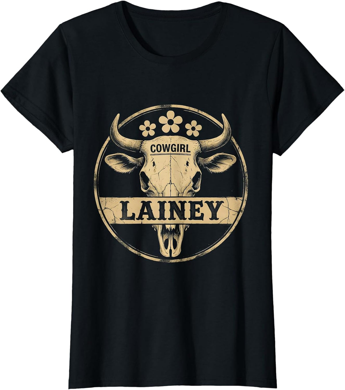 Women's Cowgirl Lainey Boho Western Personalized Name Gift T-Shirt - Black