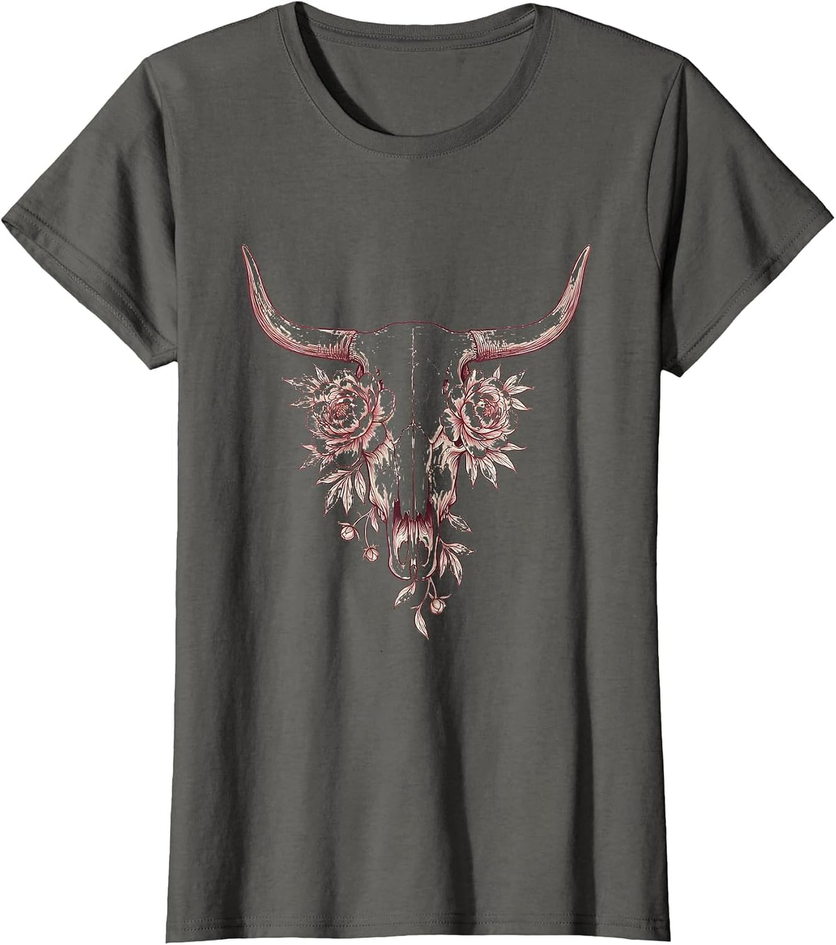 Women's Cow Skull Blooming Peonies Western Floral Design T-Shirt - Asphalt Grey