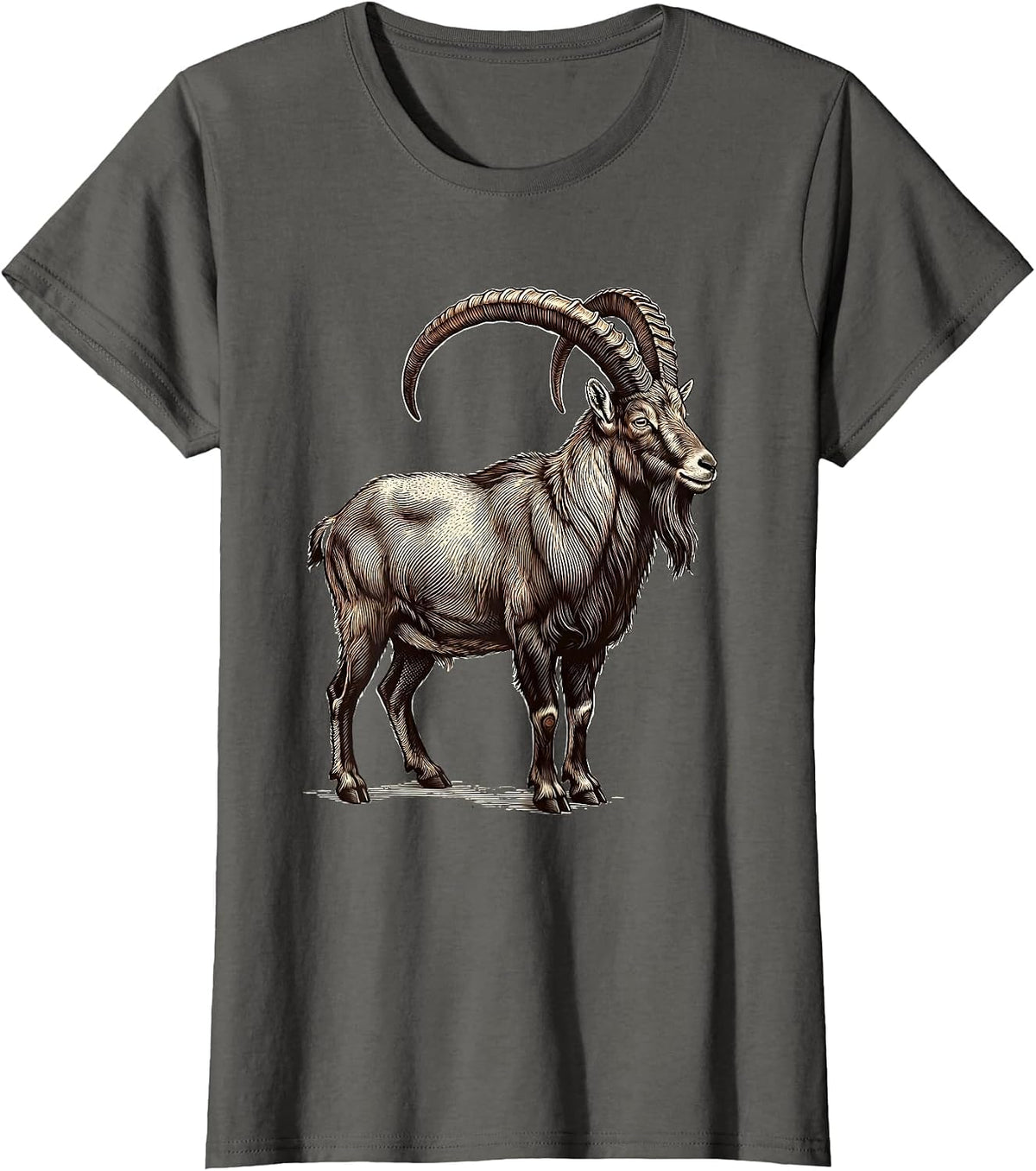 Women's Mountain Goat Crosshatch Etching Minimalist Line Art T-Shirt - Asphalt Grey