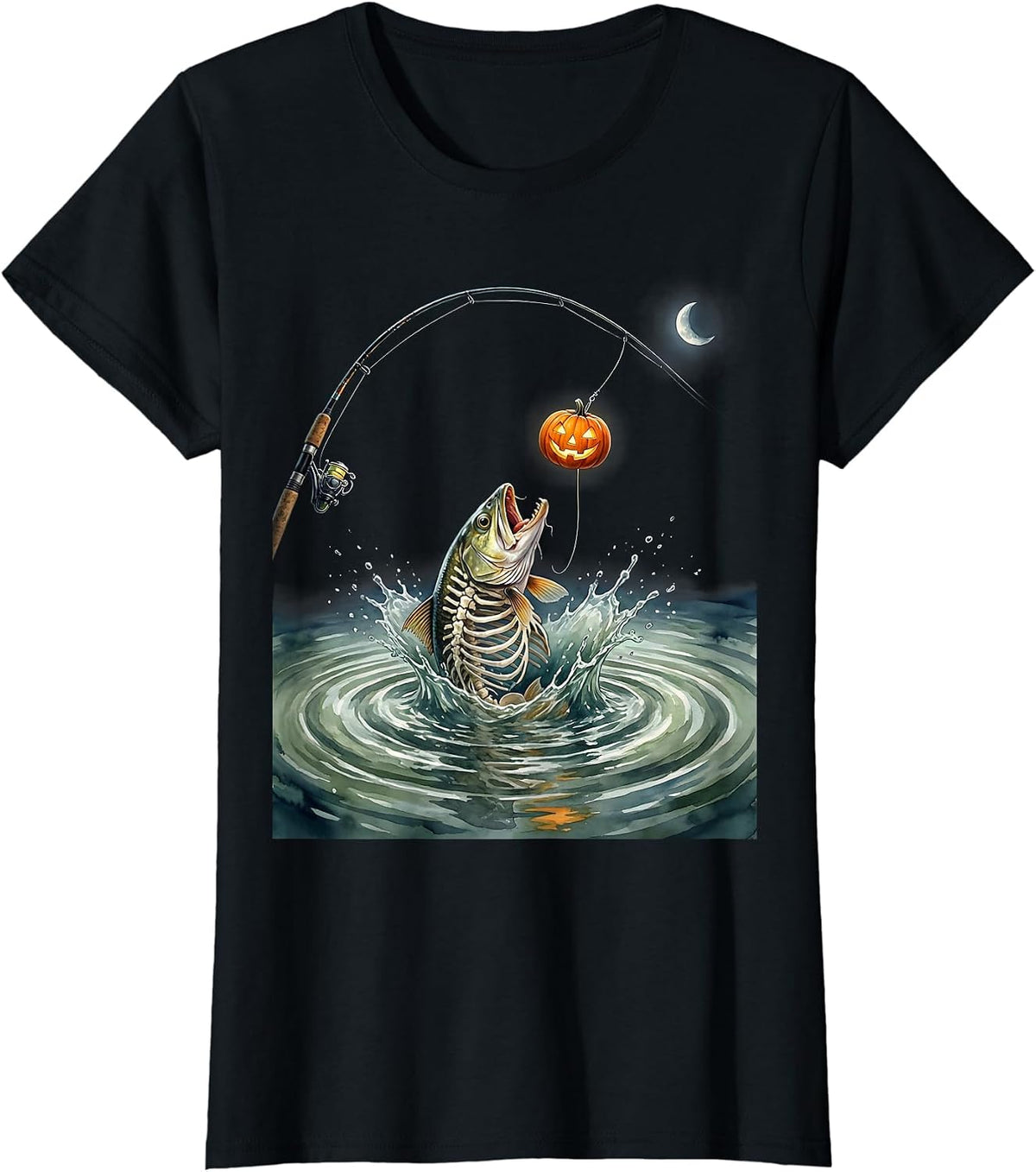 Skeletal Trout Watercolor Halloween Fishing Angler Gift T-Shirt - Black
