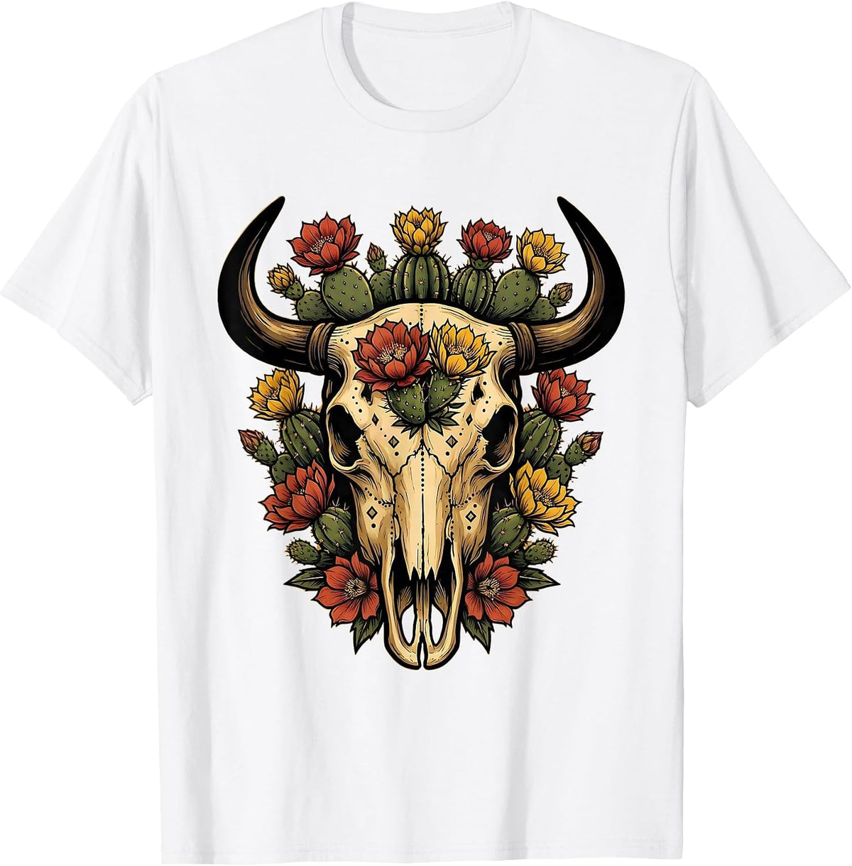 Men's Bull Skull Desert Flowers Western Boho Graphic Tee T-Shirt - White