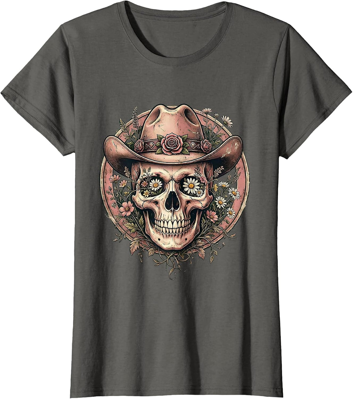 Women's Floral Skull Cowgirl Hat Western Graphic Design T-Shirt - Asphalt Grey