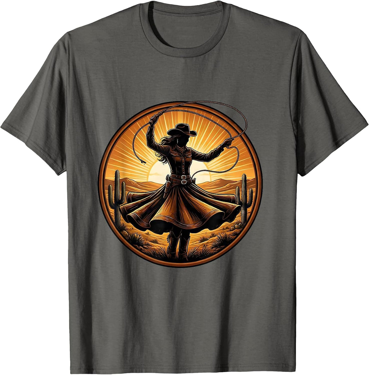 Men's Cowgirl Lasso Sunrise Western Rodeo Graphic T-Shirt - Asphalt Grey