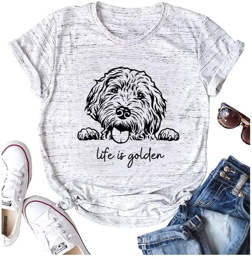 HONTOUTE Women's Life is Golden T-Shirt Goldendoodle Doodle Retriever Puppy Dog Pets Owners Graphic Tee Tops Blouse - White