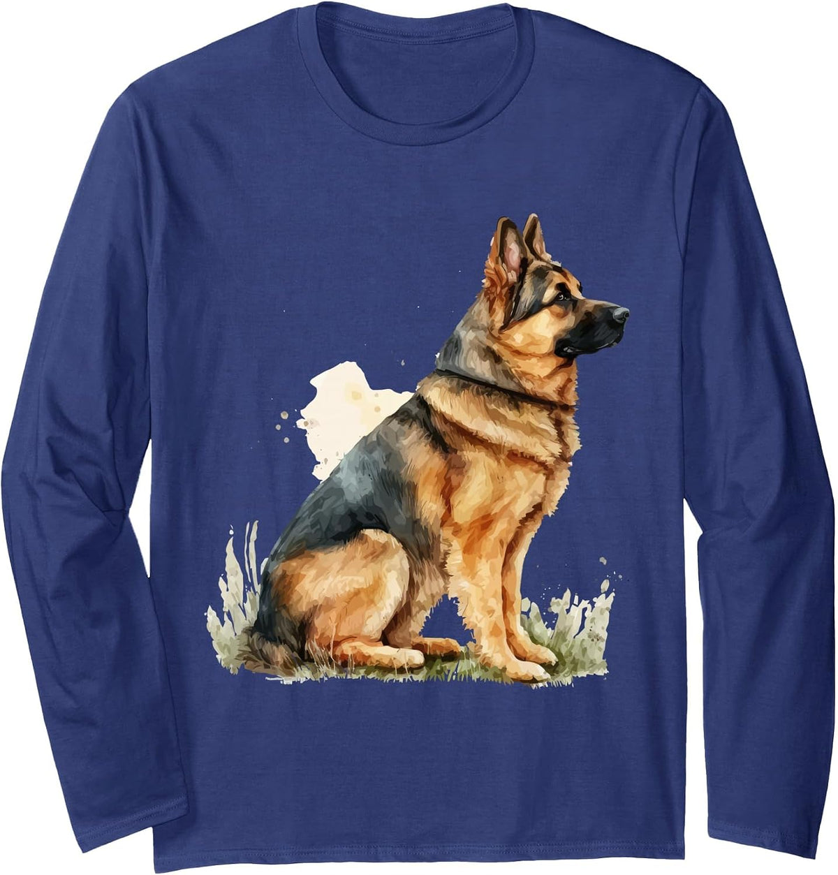 Watercolor German Shepherd for Alsatian Dog Owners Long Sleeve T-Shirt - Adult Unisex Navy Blue