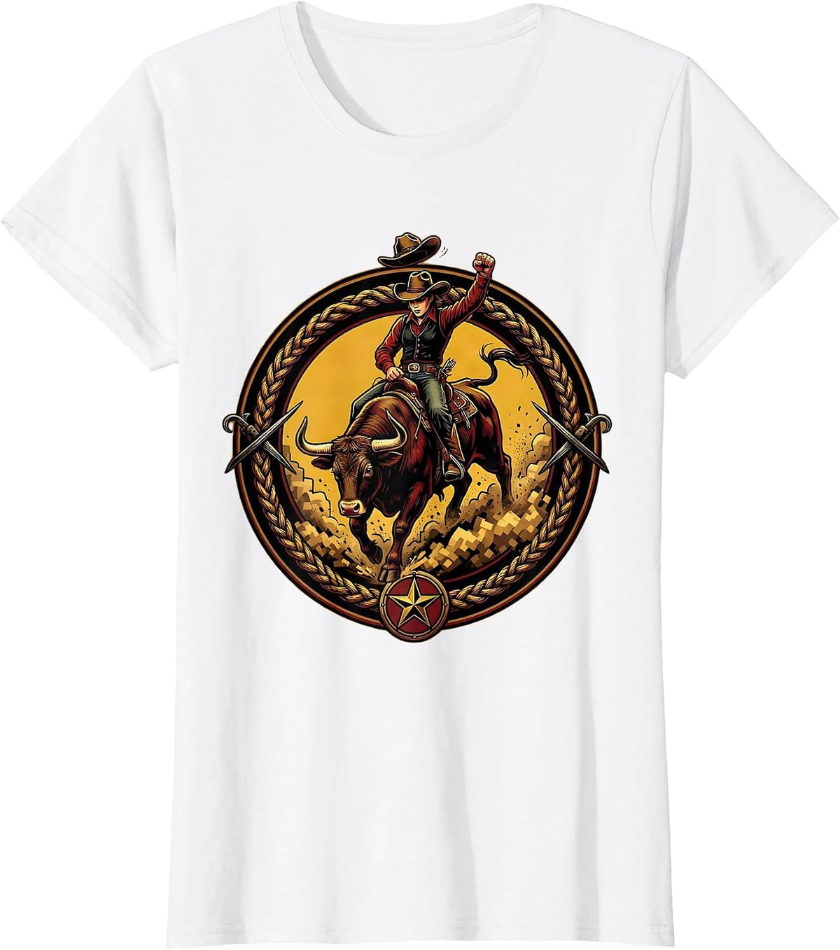 Cowgirl Riding Bull Dusty Rodeo Arena Graphic T-Shirt - White