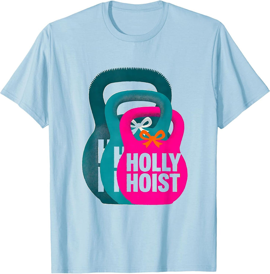 Men's Holly Hoist Risograph Christmas Gym Weightlifting Humor T-Shirt - Baby Blue