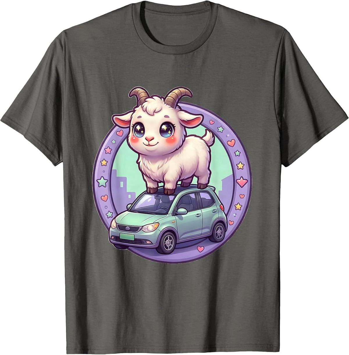 Goat on a Car Roof Funny Animal Graphic T-Shirt - Asphalt Grey