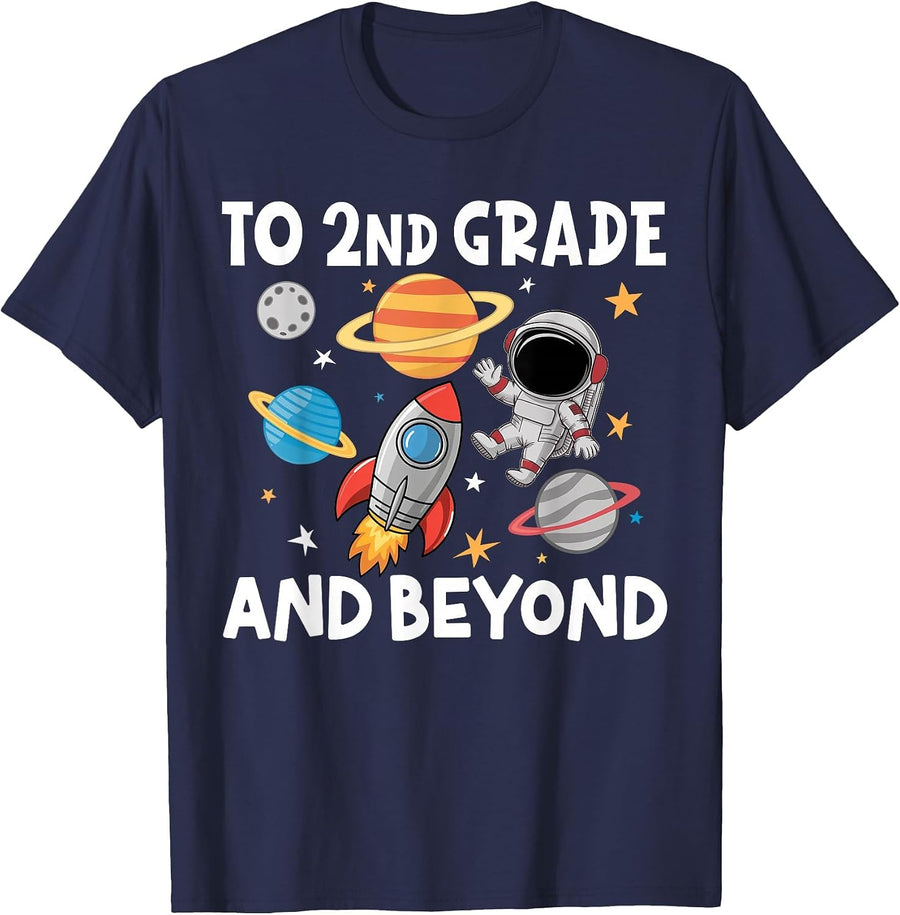Back to Second Grade and Beyond Space First Day of School T-Shirt - Navy Blue