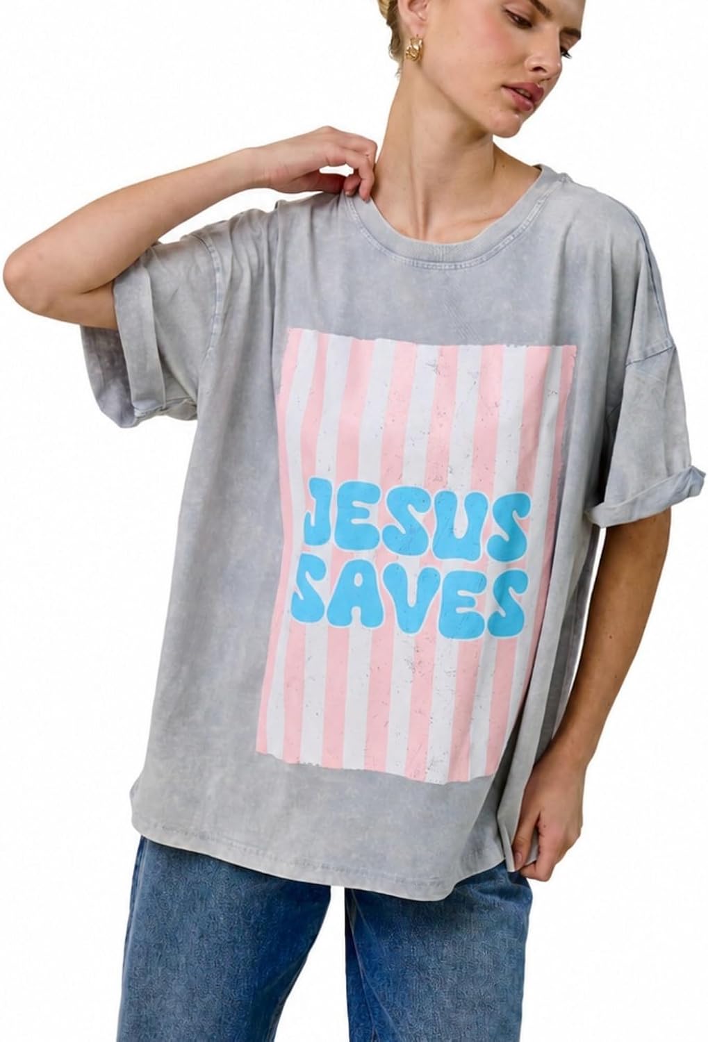 Womens Oversized Vintage Graphic T Shirt Tacked Rolled Sleeve Loose Fit Mineral Wash Casual Tee - Denim 3