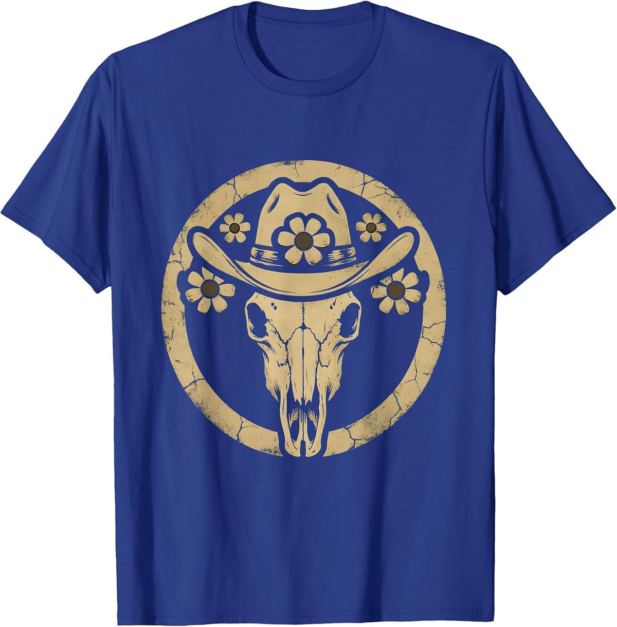 Men's Floral Cowboy Hat Skull Western Boho Design T-Shirt - Royal Blue