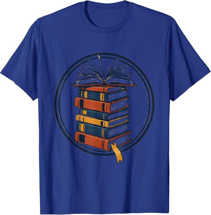 Stacked Books Badge Wood Type Letterpress Bookworm Reader T-Shirt - Royal Blue