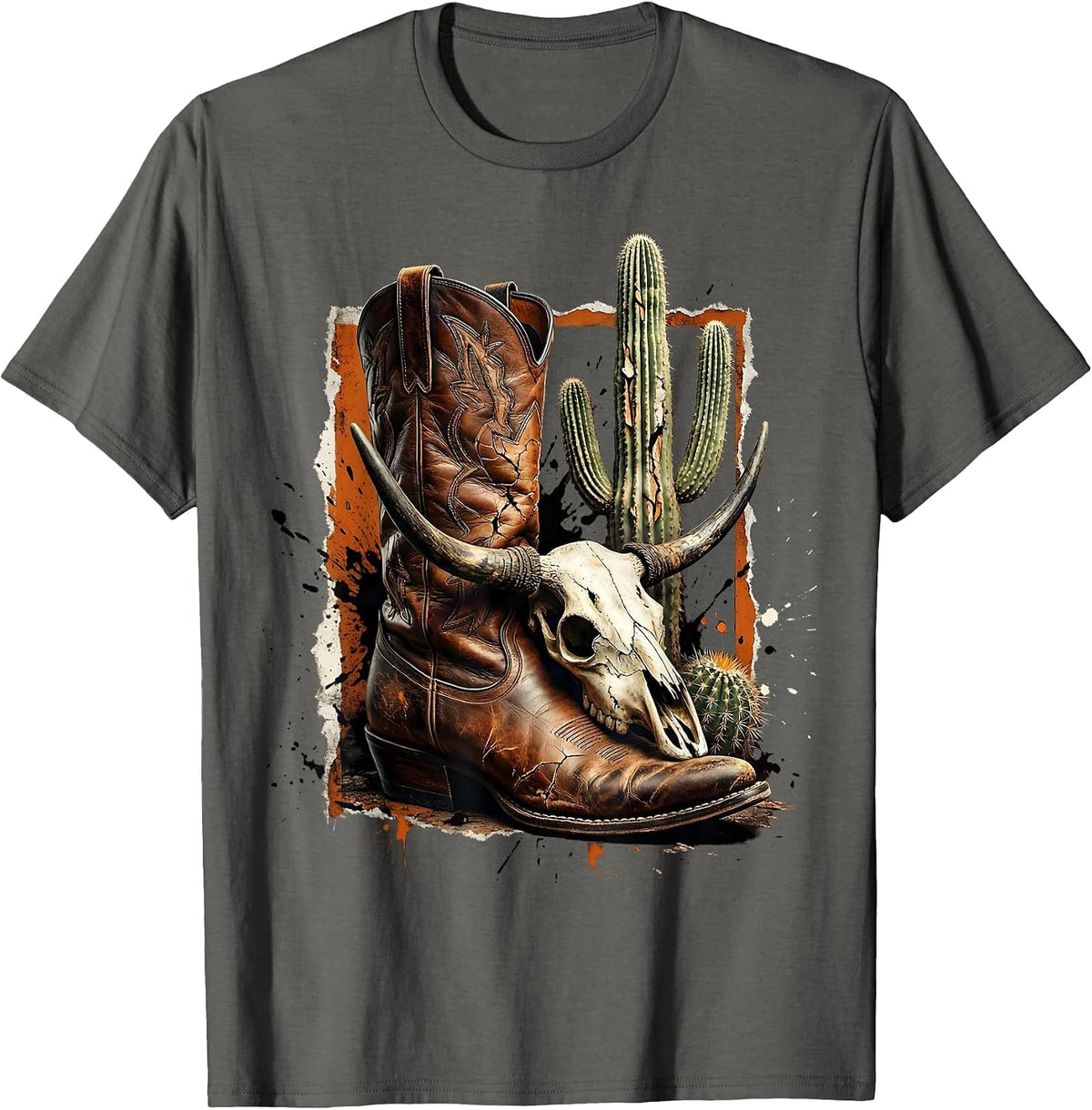 Cowgirl Boot Cactus Skull Western Graphic T-Shirt - Asphalt Grey