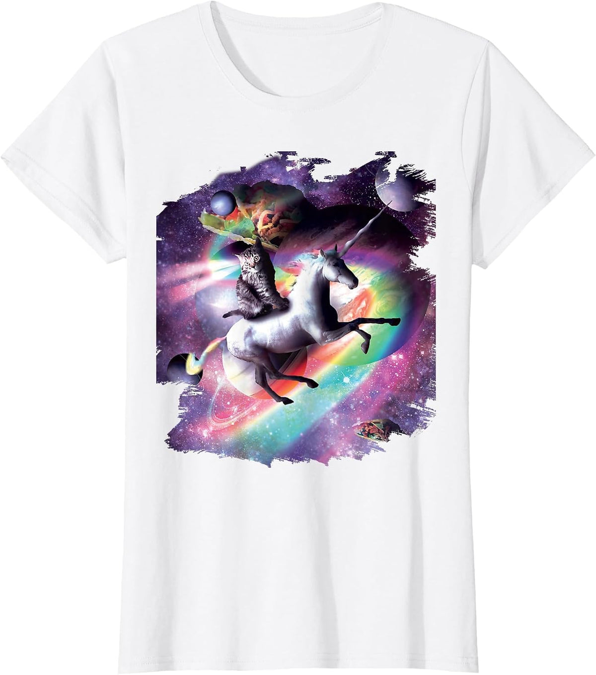 Space Cat Riding Unicorn - Laser, Tacos and Rainbow T-Shirt - White