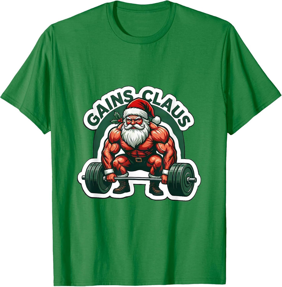 Men's Gains Claus Funny Christmas Gym Bodybuilder Weightlifting T-Shirt - Kelly Green