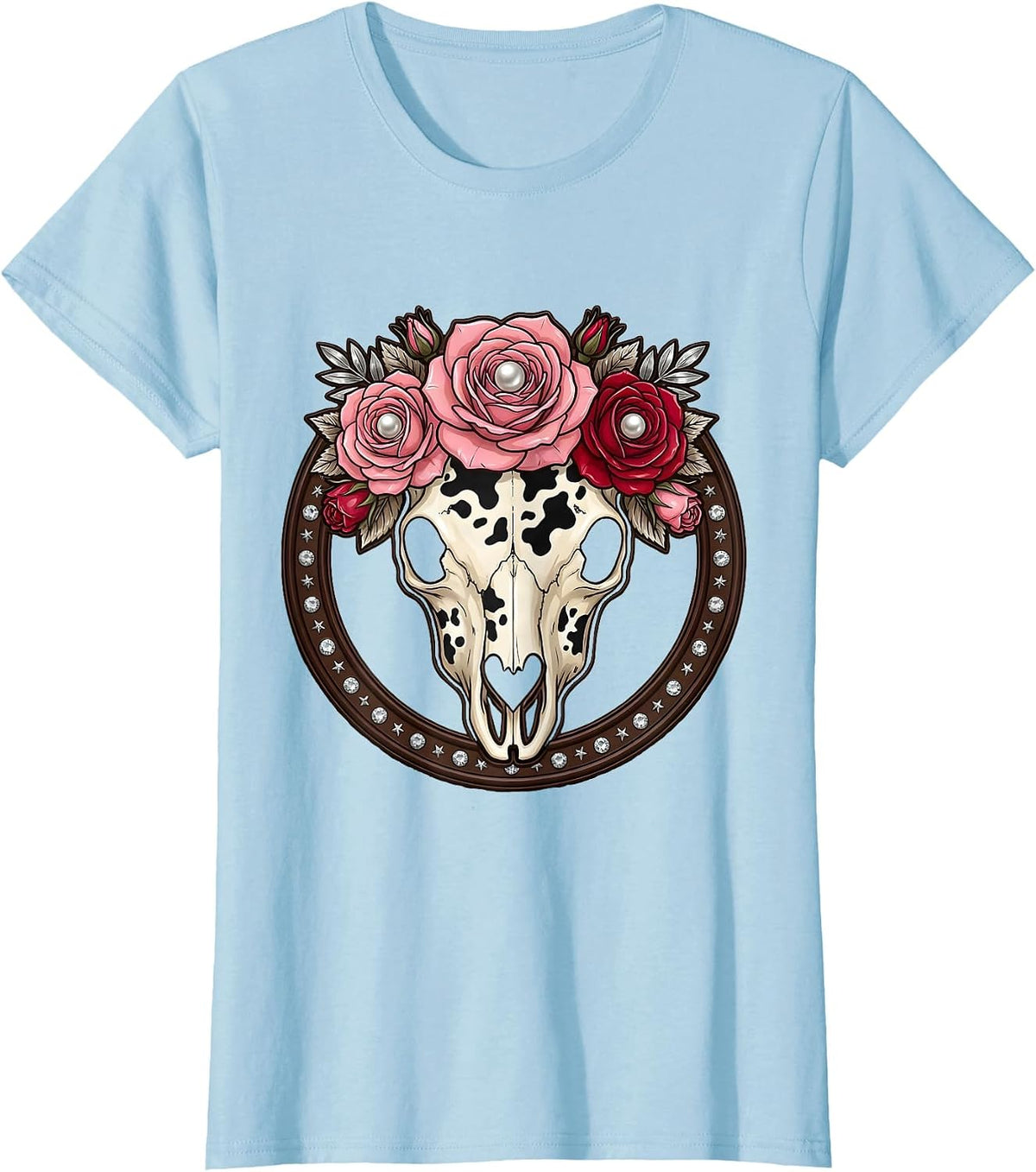 Women's Cow Print Floral Skull Boho Western Design T-Shirt - Baby Blue