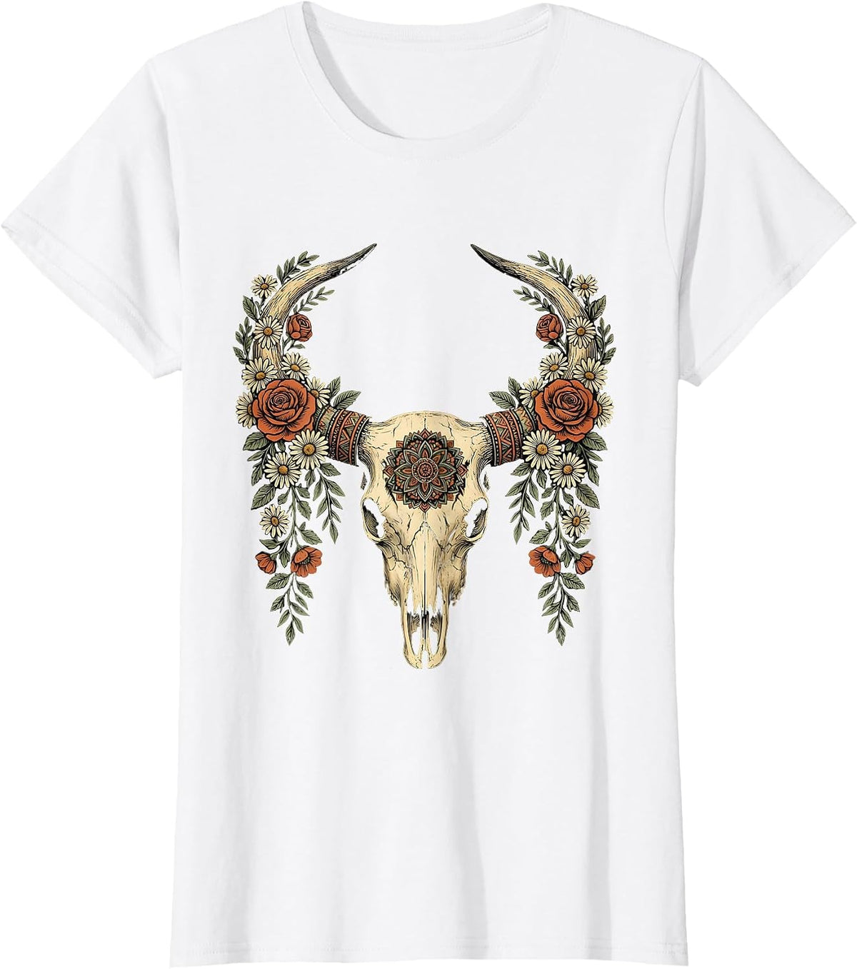 Floral Longhorn Skull Western Boho Graphic T-Shirt - White