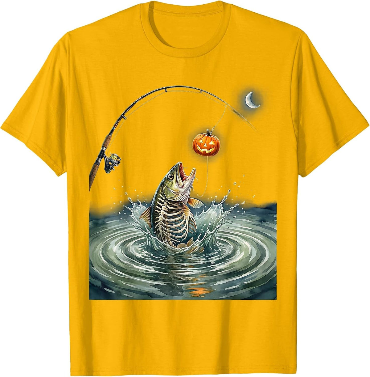 Skeletal Trout Watercolor Halloween Fishing Angler Gift T-Shirt - Golden Yellow