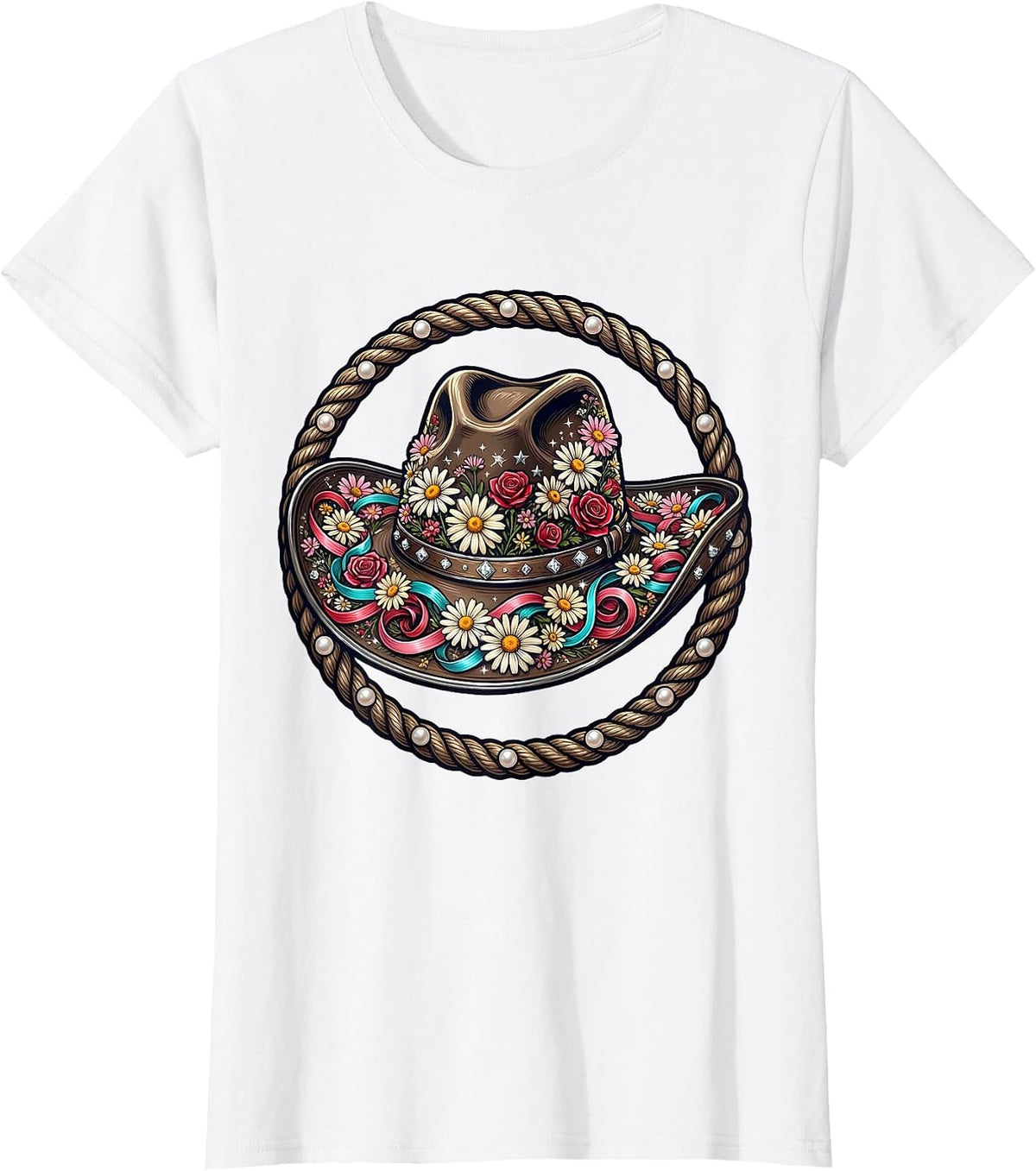Women's Wildflower Cowgirl Hat Western Graphic T-Shirt - White