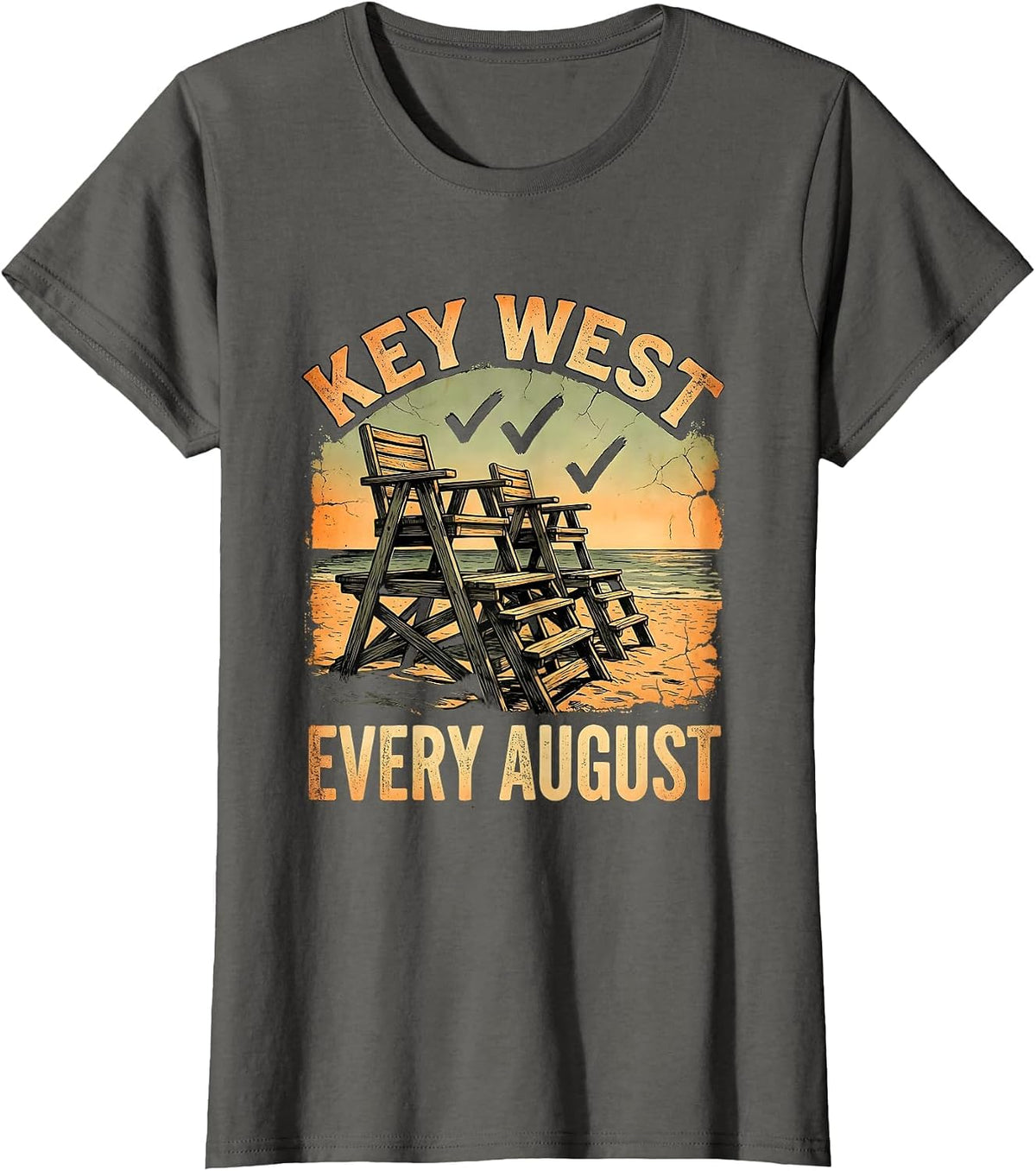 Women's KEY WEST EVERY AUGUST Boho Summer Casual Beach Souvenir T-Shirt - Asphalt Grey