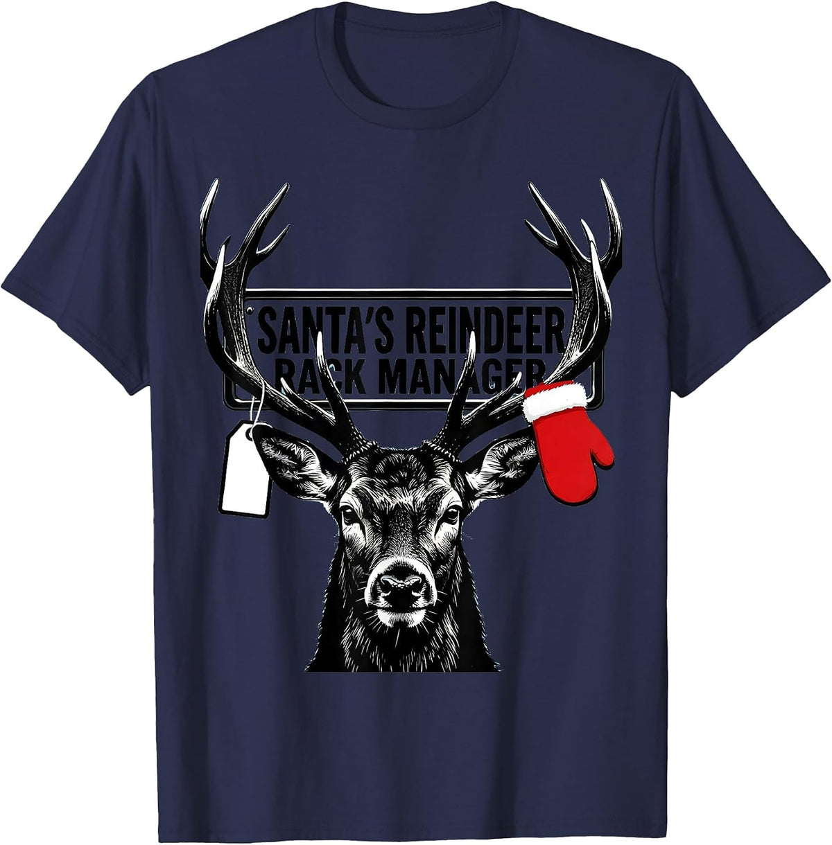 Men's Santa's Reindeer Rack Manager Funny Deer Hunter Christmas T-Shirt - Navy Blue