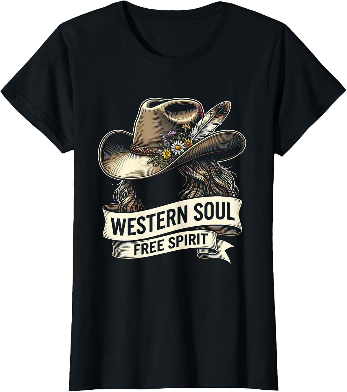 Western Soul Free Spirit Women's Boho Design T-Shirt - Black