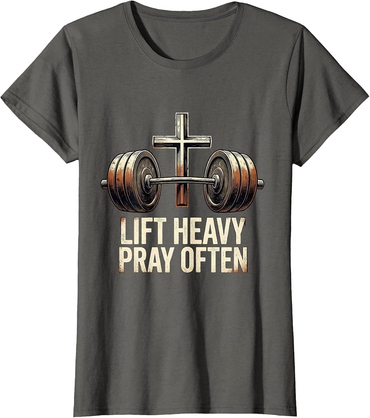 Women's Lift Heavy Pray Often Distressed Christian Gym Faith T-Shirt - Asphalt Grey
