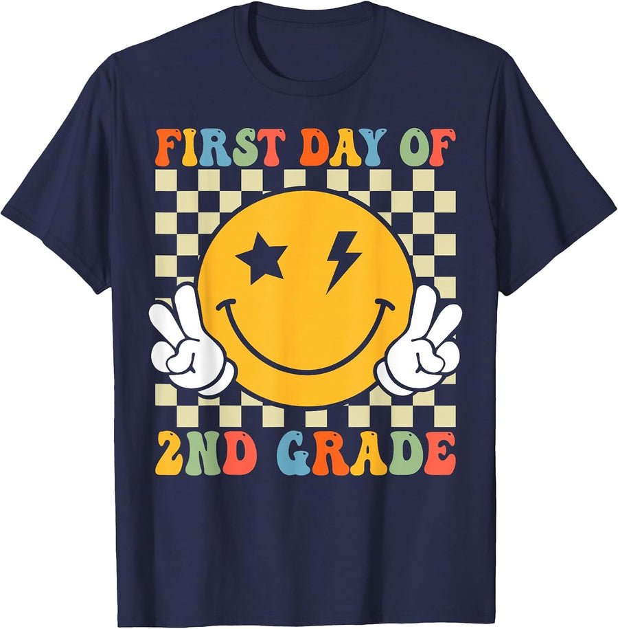 First Day of 2nd Grade Retro Back to School Girls Kids T-Shirt - Navy Blue