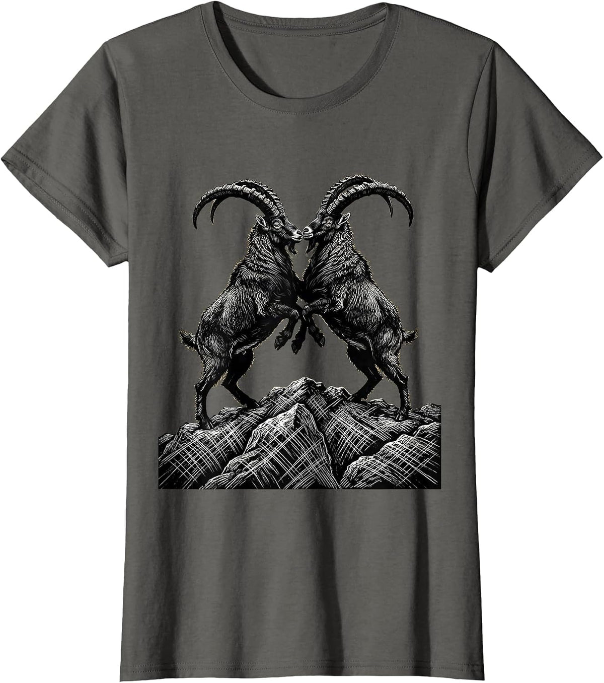 Women's Two Goats Locking Horns on a Hilltop Graphic T-Shirt - Asphalt Grey