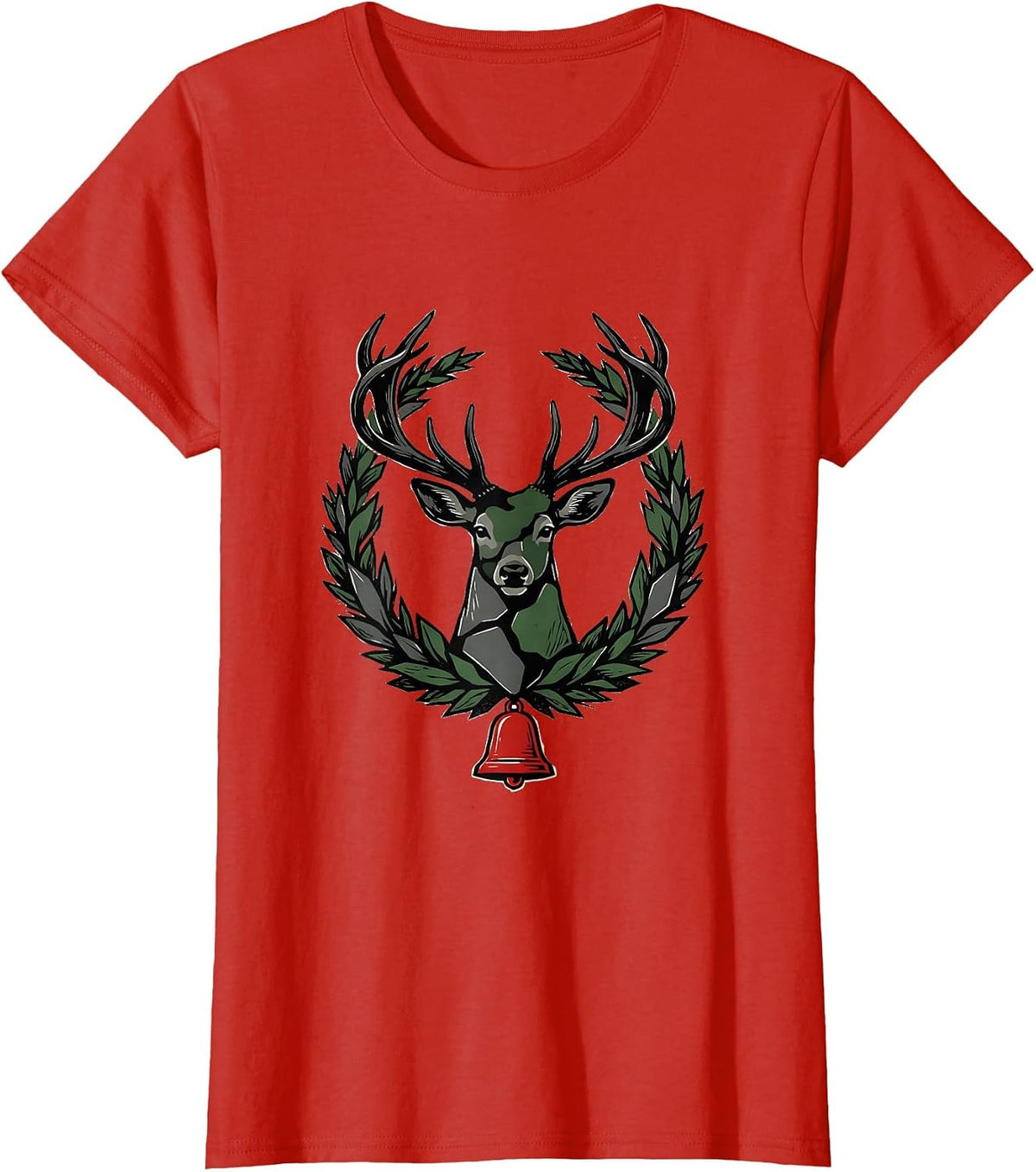 Angular Deer Wreath Camo Hunting Christmas Party T-Shirt - Red