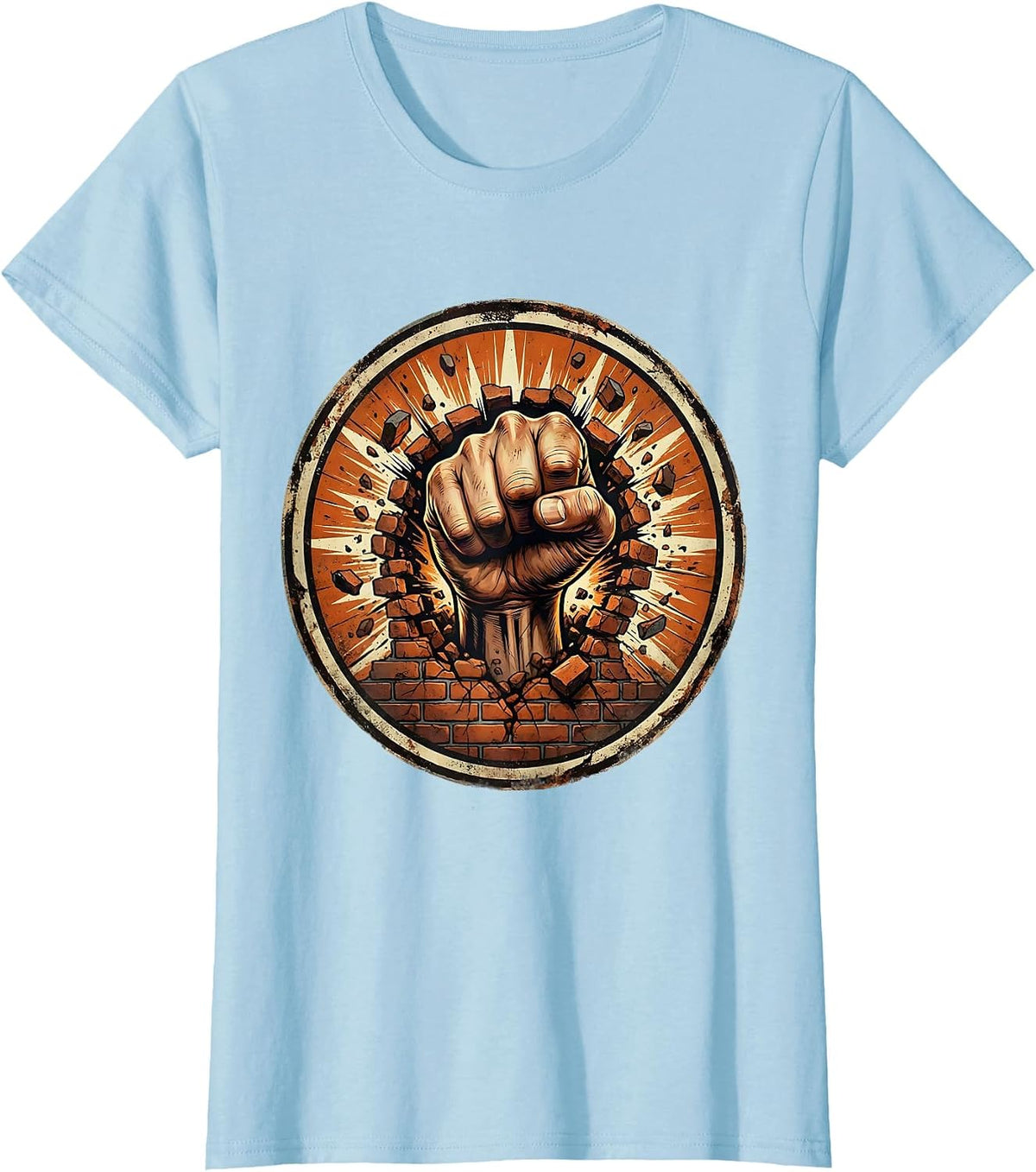 Women's 80s Rock Fist Through Brick Wall Graphic T-Shirt - Baby Blue
