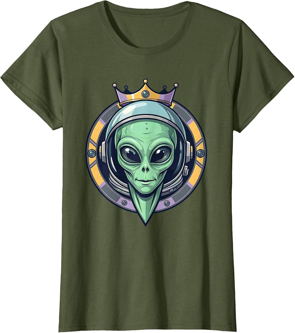 Women's Alien Astronaut Helmet Reverse Graphic Design T-Shirt - Olive Green